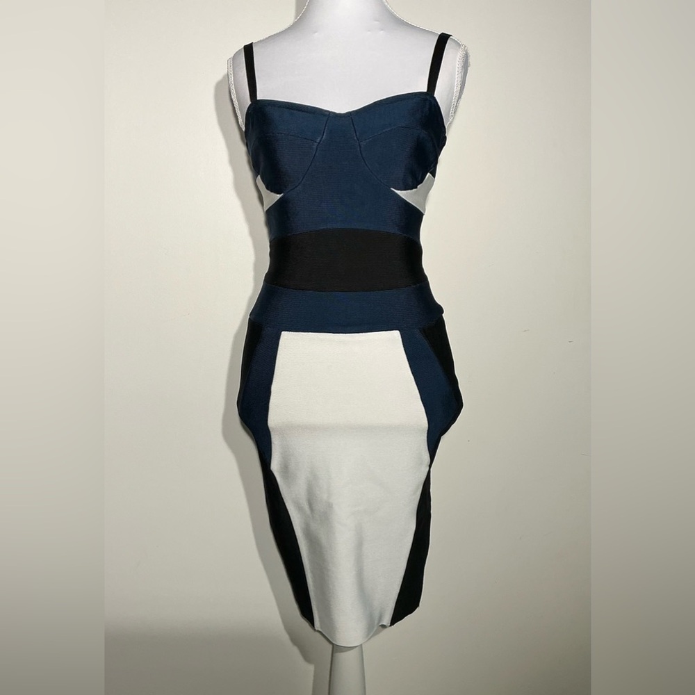 Wyatt Collection Midi Dress in Navy, White & Black — Sleek Strappy Silhouette